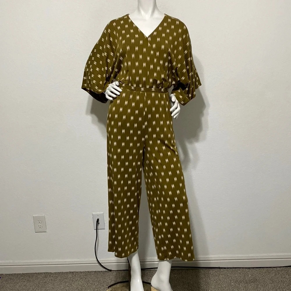 Garnet Hill NWOT Olive Green 3/4 Kimono Sleeves Ikat Cropped Jumpsuit Size XS